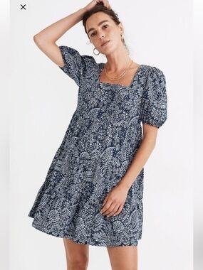 Madewell Poplin Puff-Sleeve Tiered Babydoll Dress in Paisley Garden Dress